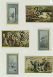 Trade cards depicting sailboats, a road, an angel riding a swan drawn boat made of soap, a woman washing clothes and bathing a dog.