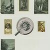 A cigarette card of Miss Cone and trade cards depicting Red Mill Falls, a moonlit boat ride on a river, sailboats, lighthouse, insects and a boy with a large key.