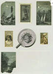 A cigarette card of Miss Cone and trade cards depicting Red Mill Falls, a moonlit boat ride on a river, sailboats, lighthouse, insects and a boy with a large key.