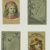 Trade cards depicting bamboo, cobweb, birds, boat, and portraits of girls ; verso is entitled 'Kansas and Colorado Building from the Centennial ground' and depicts a building, the beach, sailboats, people, horses and carriages.