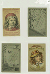 Trade cards depicting bamboo, cobweb, birds, boat, and portraits of girls ; verso is entitled 'Kansas and Colorado Building from the Centennial ground' and depicts a building, the beach, sailboats, people, horses and carriages.
