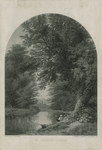 [A trade card entitled 'A shady nook' depicting a person sitting by the edge of a river in a wooded area.]