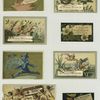 Trade cards depicting fairies, butterflies, angels, flowers, leaves, lily pads, flowers, a ladybug, a bottle, the earth, a fan and an acrobat writing with her feet.