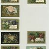 Trade cards depicting flowers, children, wheelbarrow, a flag, a man and a woman.