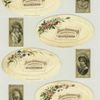 [Cigarette cards entitled 'between the act and bravo' depicting actresses Marie Roze, Mlle Sarah Bernhardt, Kate Girard and Lizzie Harold ; oval shaped trade cards depicting flowers.]