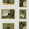 Trade cards depicting a horseshoe, men taking apart a clock, women dancing, a horn, knights and feathered hats.