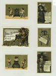 Trade cards depicting a horseshoe, men taking apart a clock, women dancing, a horn, knights and feathered hats.