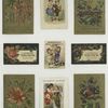 Trade cards depicting flowers, birds, children, mask, dog, courtship, mother and son walking.