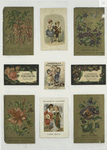 Trade cards depicting flowers, birds, children, mask, dog, courtship, mother and son walking.