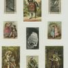 Trade cards depicting a cow wearing a suit and corned beef box, a person looking at a river from a road, sailboat, children, flowers, flower crowns, family picnic at a river edge, Little Red Riding Hood, and a view from a cave.