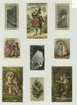 Trade cards depicting a cow wearing a suit and corned beef box, a person looking at a river from a road, sailboat, children, flowers, flower crowns, family picnic at a river edge, Little Red Riding Hood, and a view from a cave.