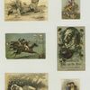 Trade cards depicting children laying in the grass, a horse race, a lamb, an American flag and children watering flowers.