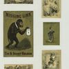 Trade cards depicting a monkey, boat race, couple fishing from a rowboat, a gun, climbing fences, stealing fruit and a dog chasing boys.