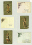 Trade cards depicting flowers, a butterfly, sailboats, an angel, women dancing in Austrian, Chinese and French costumes.