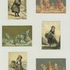 Trade cards depicting a girl making snowballs, a girl carrying twigs and flowers, girls on the beach with a toy boat, shovel and bucket, a series of humorous drawings about a woman, older woman and man.