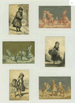 Trade cards depicting a girl making snowballs, a girl carrying twigs and flowers, girls on the beach with a toy boat, shovel and bucket, a series of humorous drawings about a woman, older woman and man.