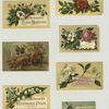 Trade cards depicting flowers and a woman with a broom flying in a basket.