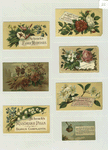 Trade cards depicting flowers and a woman with a broom flying in a basket.