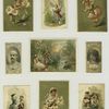 Cigarette cards entitled 'between the acts and bravo' of Courtney Oarsman and Alice Atherton ; trade cards and calendars depicting courtship, women dressed in flowers and a couple fishing.