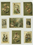 Cigarette cards entitled 'between the acts and bravo' of Courtney Oarsman and Alice Atherton ; trade cards and calendars depicting courtship, women dressed in flowers and a couple fishing.