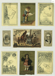 Cigarette cards depicting Ed. P. Weston and Aimee; Trade cards depicting children, a cotton hat, butterflies, birds, dragon, setting sun, flowers, swans, the devil and an angel using the new automated grinding wheel ; The verso depicts corsets.