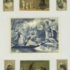 Cigarette cards entitled 'between the acts & bravo' of : Josephine Baker, Kate Claxton, Venie Clancy and Rose Eytinge ; Trade cards depicting women on a rowboat and pier, an umbrella, boys singing, a boy being reprimanded by the conductor ; The verso depicts hats.