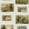 Calendars and trade cards depicting a woman flying on a goose, girls gathering flowers in a basket, flowers, rivers, boats, a gazebo, a boy carrying a letter and flowers.