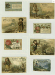 Calendars and trade cards depicting a woman flying on a goose, girls gathering flowers in a basket, flowers, rivers, boats, a gazebo, a boy carrying a letter and flowers.