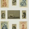 Cigarette card entitled 'between the acts & bravo' of Sarah Jewett, Clara Louise Kellogg and Clara Morris ; Trade cards depicting a moose, girls gathering flowers, boys playing the guitar and fishing.