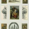 Calendars and trade cards depicting a rowing race, jesters blowing bubbles, sail boats, thread, a horseshoe, Cleopatra's Needle, fans, kimonos, a man, a woman and a dog.