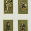Trade cards depicting boys performing various jobs : cook, server and foot servant.