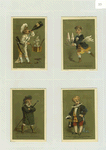 Trade cards depicting boys performing various jobs : cook, server and foot servant.