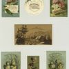 Trade cards depicting flowers, a house, chicks, bees and a pigeon delivering a letter to a woman.