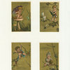 Trade cards depicting a boy : sitting on a mushroom under an umbrella watching a frog, reading to sitting doves in a tree, painting grasshoppers red and blowing out a candle.