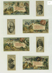 Cigarette cards entitled 'between the acts and bravo' of Mrs. Cornwallis West, Minnie Palmer and Maude Branscombe ; Trade cards depicting chicks, ducklings, flowers, frogs and ponds.