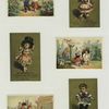 Trade cards depicting people carrying and selling fruit, children trying on adult clothing : collars, hats and boots.
