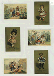 Trade cards depicting people carrying and selling fruit, children trying on adult clothing : collars, hats and boots.