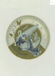 [A circular trade card depicting courtship, a boat with a swan shaped front, birds and butterflies ; The verso depicts peacock feathers.]