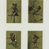 Trade cards depicting a boy : playing a violin while sitting on the music stand, in a tree visiting young birds in a nest, riding a grasshopper and fishing.