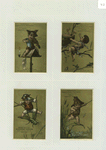 Trade cards depicting a boy : playing a violin while sitting on the music stand, in a tree visiting young birds in a nest, riding a grasshopper and fishing.