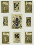 Trade cards depicting nests, birds, Easter eggs, rabbits, fruit, flowers, hot buns, nude children running with : umbrellas, boots, chicks, turtle, rabbit, pear, grapes, fan, bird, snow, hat and muffler ; cards depicting actresses : Miss Clayton, Mrs. Scott Siddons, Minnie Palmer and Kate Claxton