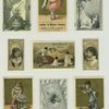Cigarette cards entitled 'between the acts and bravo' of Mary Anderson and Mlle Sarah Berhardt ; trade cards depicting a woman trying on stockings, a women dancing with a hosiery hat, fans, a bee, a women in a new suit, sailboats, curtains, a nude boy, a vase of flowers, miniature boys cooling a pie.