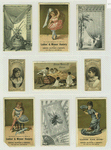 Cigarette cards entitled 'between the acts and bravo' of Mary Anderson and Mlle Sarah Berhardt ; trade cards depicting a woman trying on stockings, a women dancing with a hosiery hat, fans, a bee, a women in a new suit, sailboats, curtains, a nude boy, a vase of flowers, miniature boys cooling a pie.