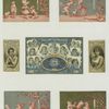Cigarette cards entitled 'between the acts and bravo' of Alice Chandos and Nellie Barbour ; trade cards depicting pictures of children and a sequence of humorous cards showing two men fighting over a woman.