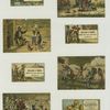 Trade cards depicting a hatching chick, a knight, balloons, swimming, fishing from a pier, African Americans : in a farm yard, holding a gun, American flag, in ragged clothes, and driving a horse drawn carriage.