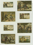 Trade cards depicting a hatching chick, a knight, balloons, swimming, fishing from a pier, African Americans : in a farm yard, holding a gun, American flag, in ragged clothes, and driving a horse drawn carriage.