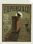 A large trade card depicting a moonlit view of cats on a shingled roof with a brick chimney.