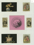 Cigarette cards entitled 'between the acts & bravo' of Nellie Bingham and Bessie Darling ; Trade cards depicting a deer, angels, flowers and acrobats ; The verso depicts gloved hands.