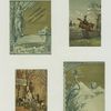 Trade cards depicting horse riding, hunting dogs, fence, crane, pyramids, sphinx, curtain and a woman in a flowing dress.