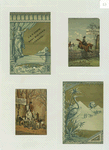 Trade cards depicting horse riding, hunting dogs, fence, crane, pyramids, sphinx, curtain and a woman in a flowing dress.